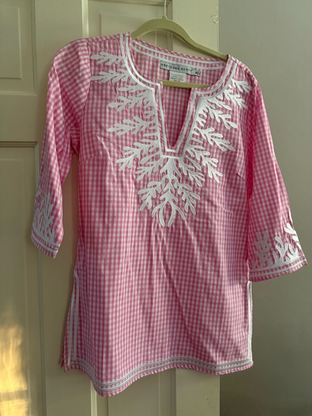 Gretchen Scott Designs Pink Gingham Embroidered V-Neck Tunic